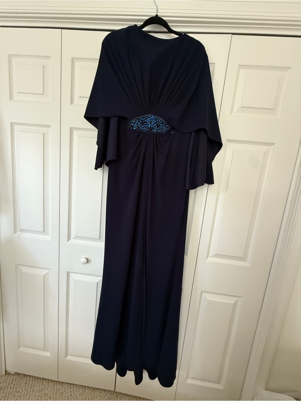 Tadashi Shoji Navy Blue Draped Maxi Gown with Beaded Waist